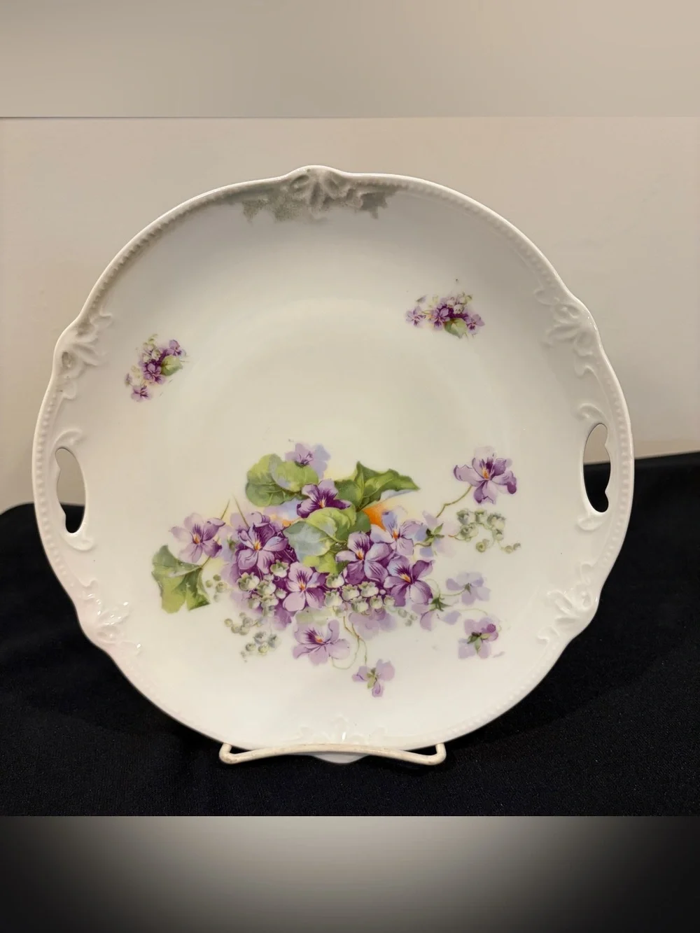 Antique German Porcelain Cake Plate Hand Painted Flowers 9.25” With Handles